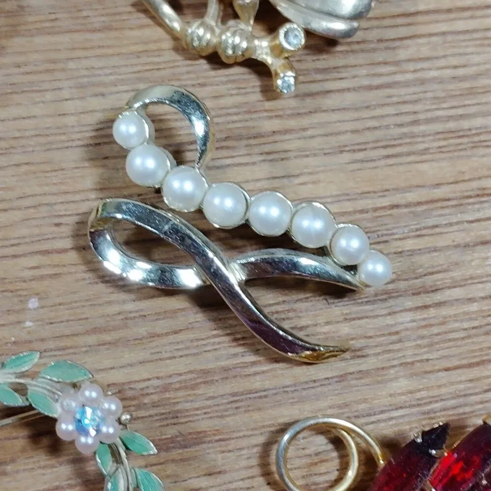 7 Vintage Floral Leaf Brooch Pins Metal Rhinestone Faux Pearl Multicolor Turtle